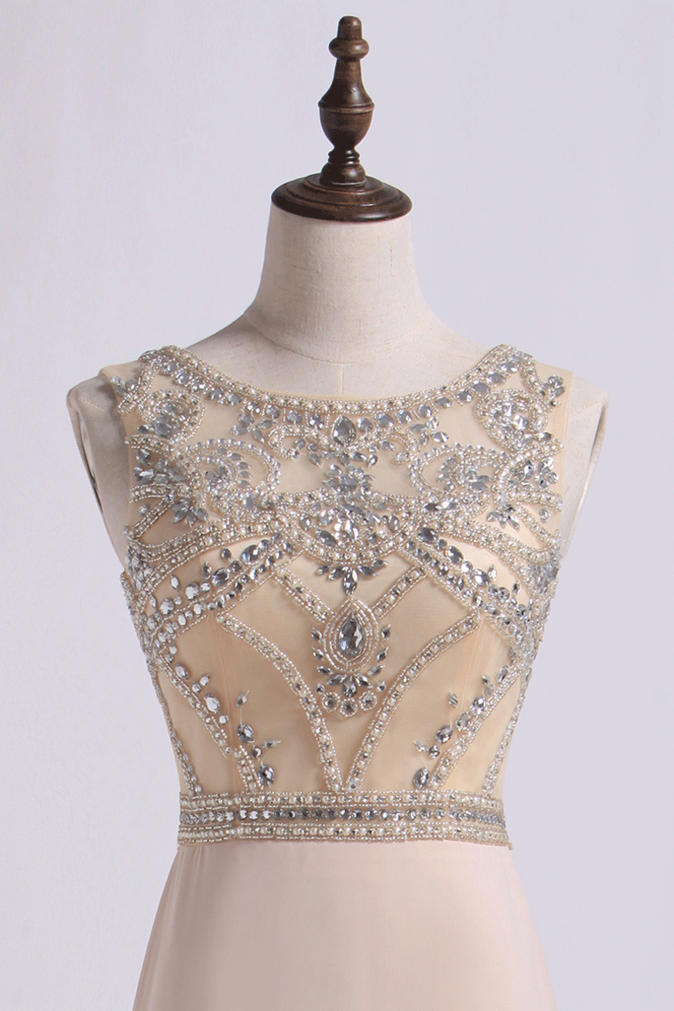 2022 Prom Dress Scoop A Line Beaded Tulle Bodice With Chiffon Skirt