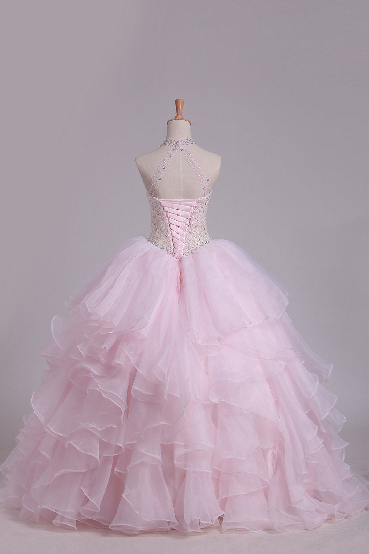2022 Halter Ball Gown Beaded Bodice Open Back Quinceanera Dresses Organza Floor Length