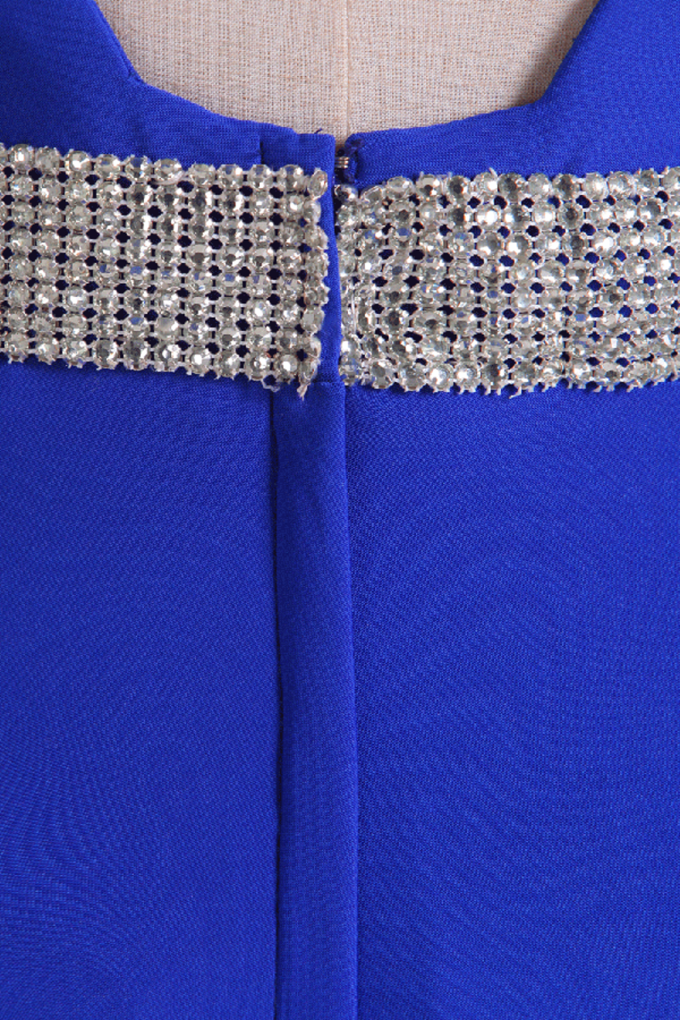2022 Open Back Column Prom Dresses V Neck Dark Royal Blue Beaded Waistline Sweep Train