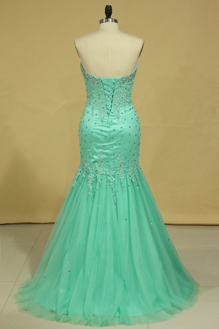 2022 Plus Size Sweetheart Prom Dresses Mermaid/Trumpet Floor Length Beaded Bodice Tulle