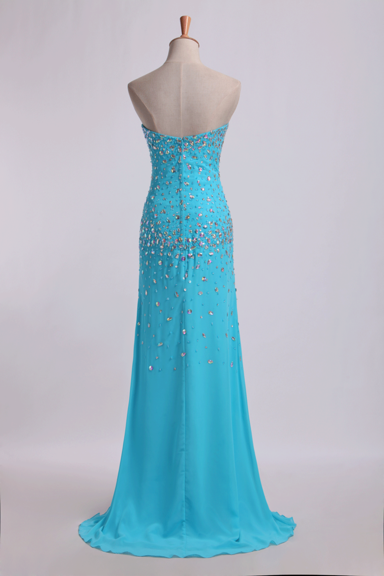 2022 Prom Dresses Sweetheart Rhinestone Beaded Bodice With Slit