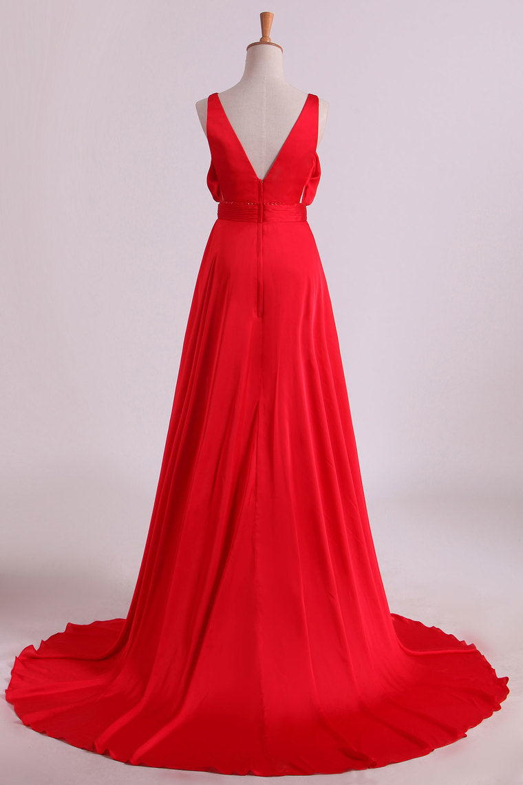 2022 A Line V Neck Deep V Back Prom Dresses Chiffon With Slit Court Train