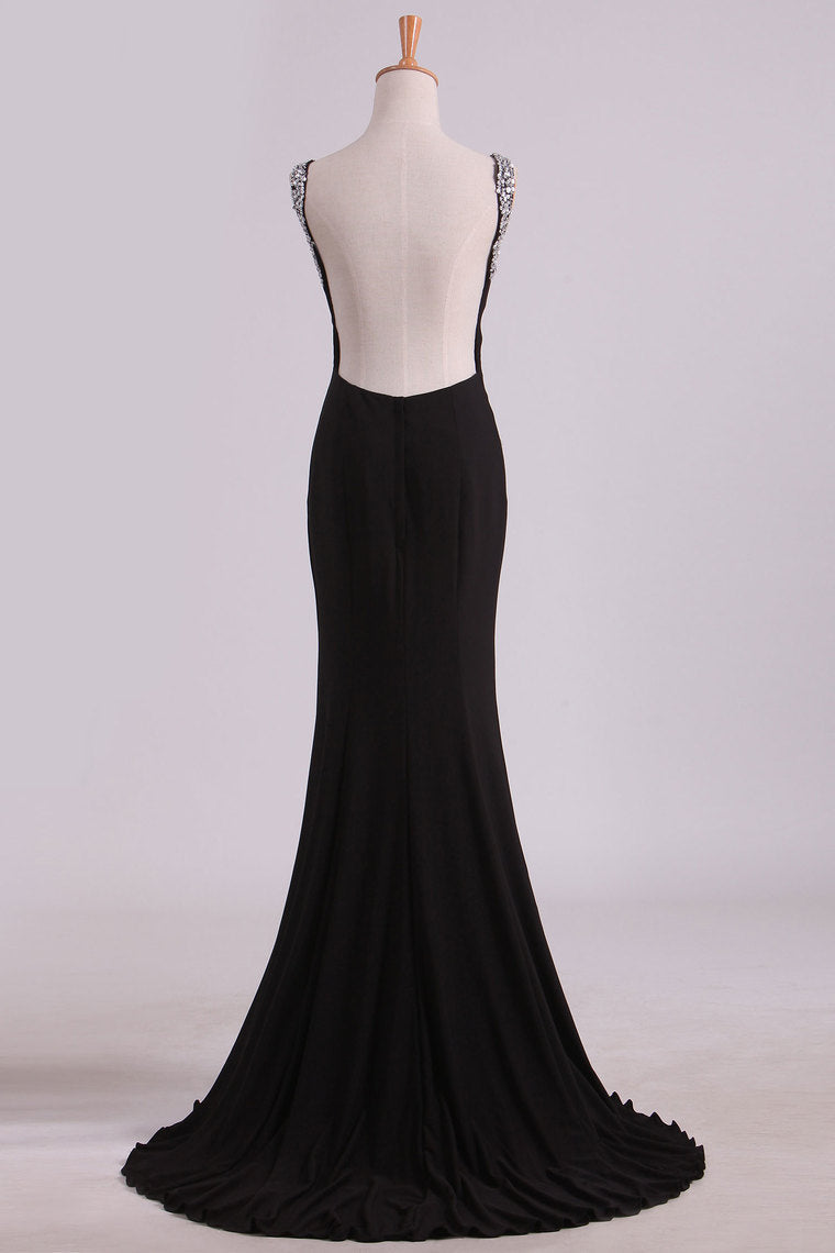 2022 Bateau Prom Dresses Mermaid Open Back Mermaid With Beading Black