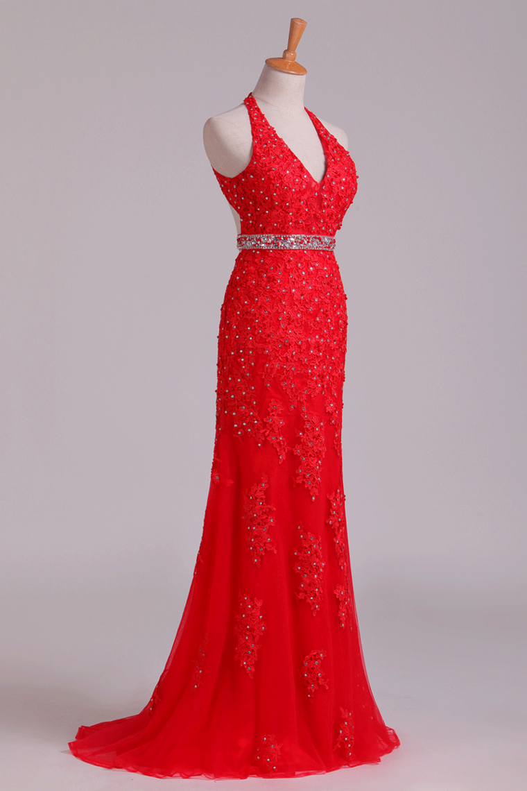 2022 Prom Dresses Column V Neck See-Through Tulle With Beading & Applique