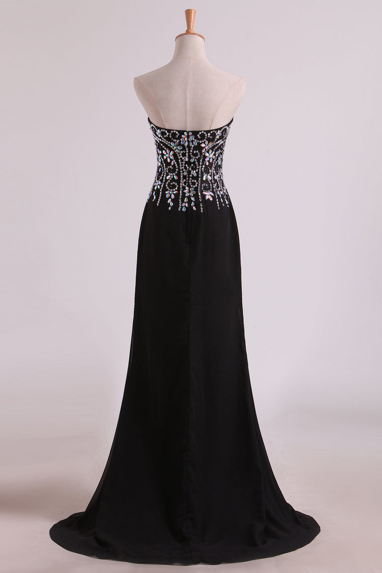 2022 Mermaid Beaded Bodice Chiffon With Slit Prom Dresses Sweep Train