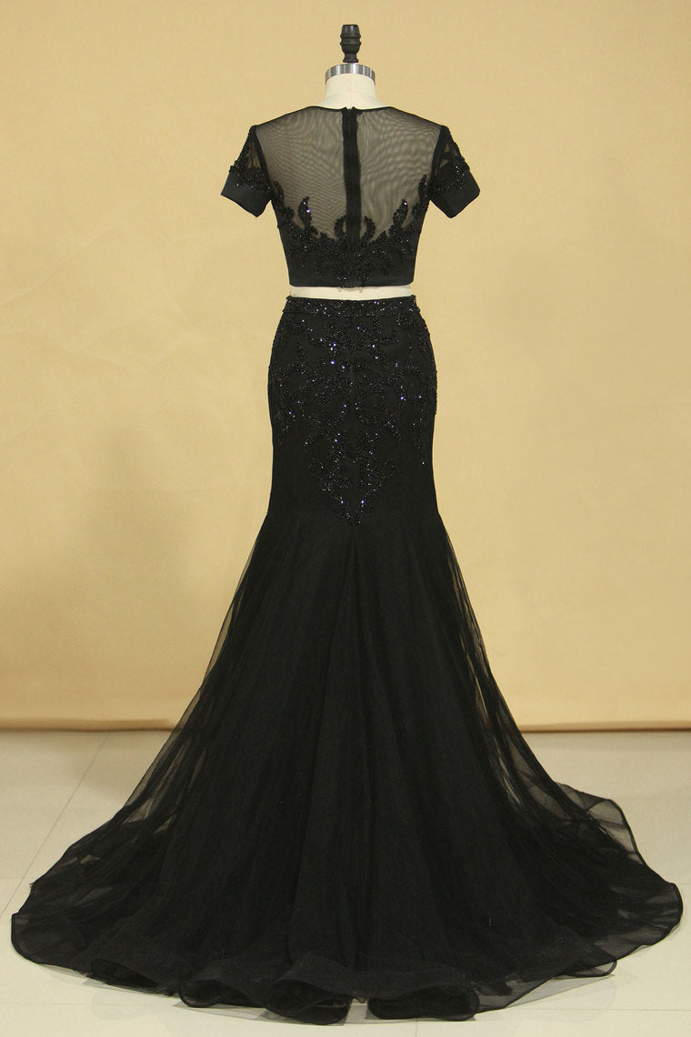 2022 Black Two Pieces Scoop Short Sleeves Mermaid Prom Dresses With Beading Tulle