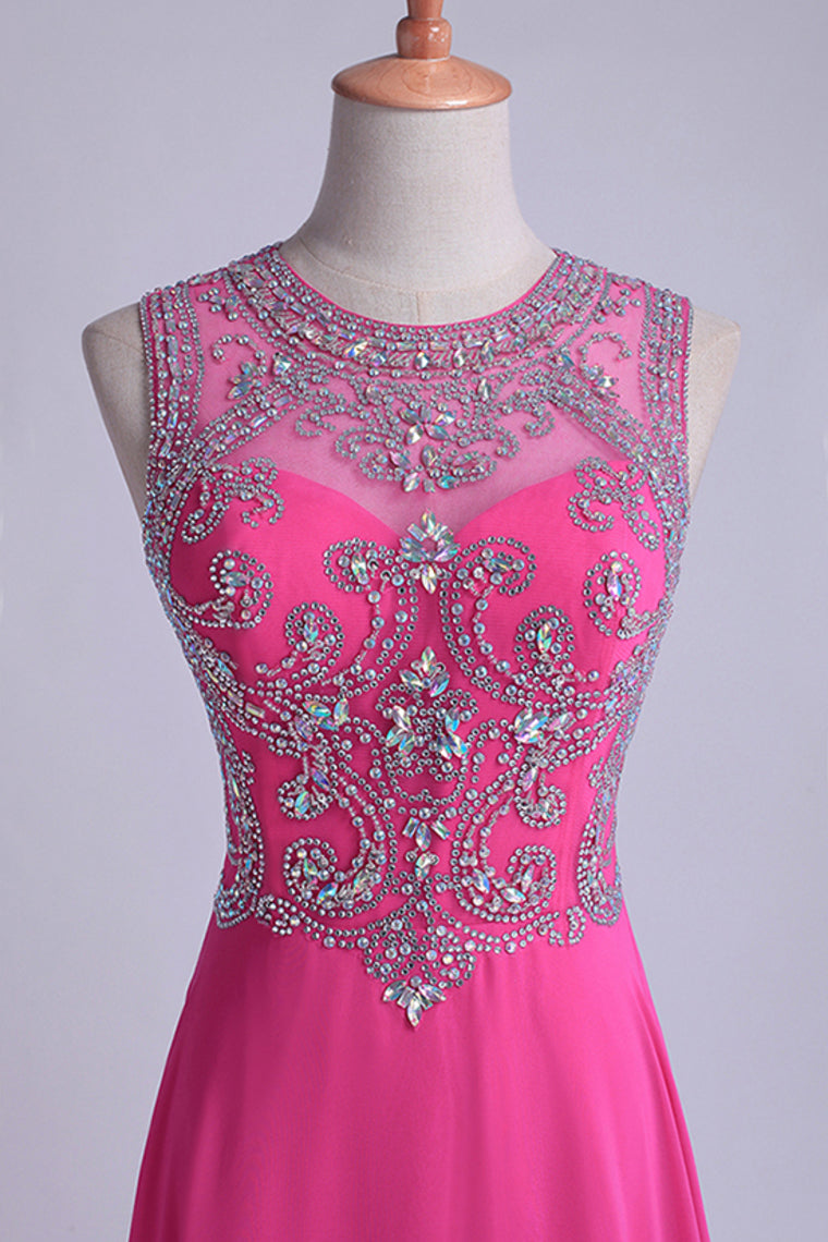 2022 Scoop A-Line Chiffon&Tulle Floor-Length Prom Dresses With Beads Color Fuchsia