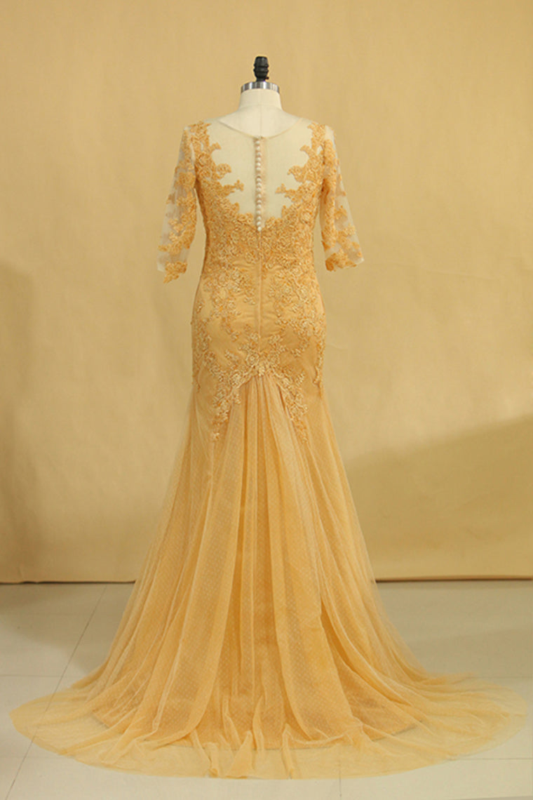 2022 Plus Size Half Sleeves V Neck Mother Of The Bride Dresses Mermaid Tulle With Applique Sweep Train Color Gold