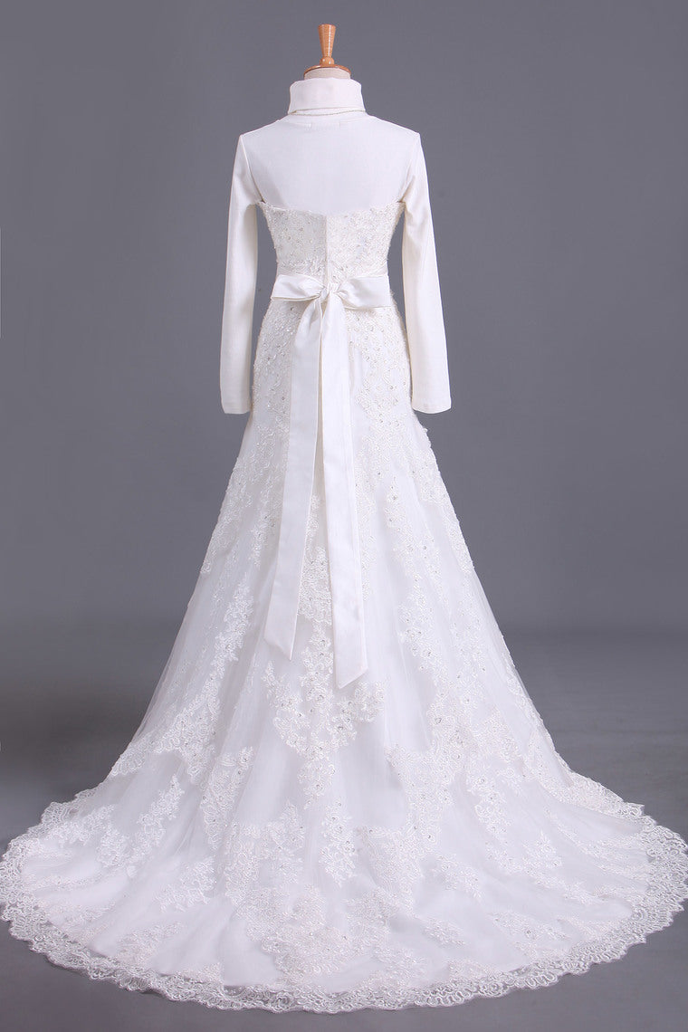 2022 Muslim Wedding Dresses Mermaid High Neck Tulle With Applique Court Train