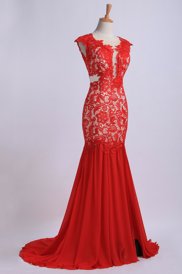 2022 Open Back Prom Dresses Mermaid Sweep/Brush Train Chiffon&Lace