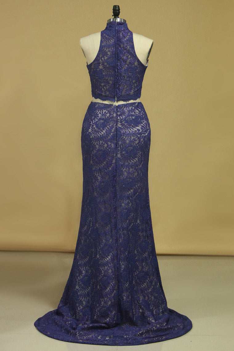 2022 Prom Dresses Sheath High Neck Two Pieces Lace Sweep Train