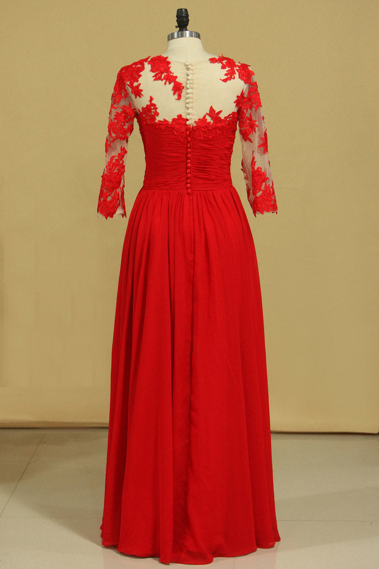 2022 V Neck 3/4 Length Sleeve Chiffon Mother Of The Bride Dresses With Applique And Ruffles