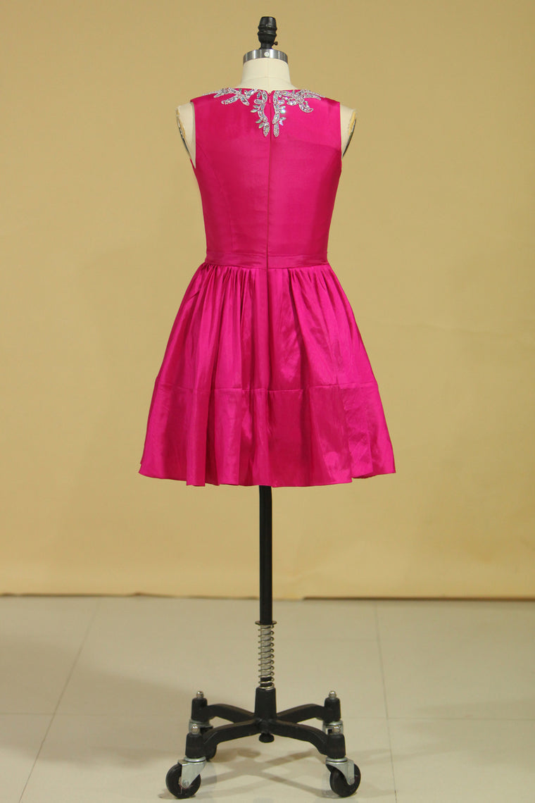 2022 Scoop A Line Short Homecoming Dresses Taffeta Beaded With Ribbon Fuchsia