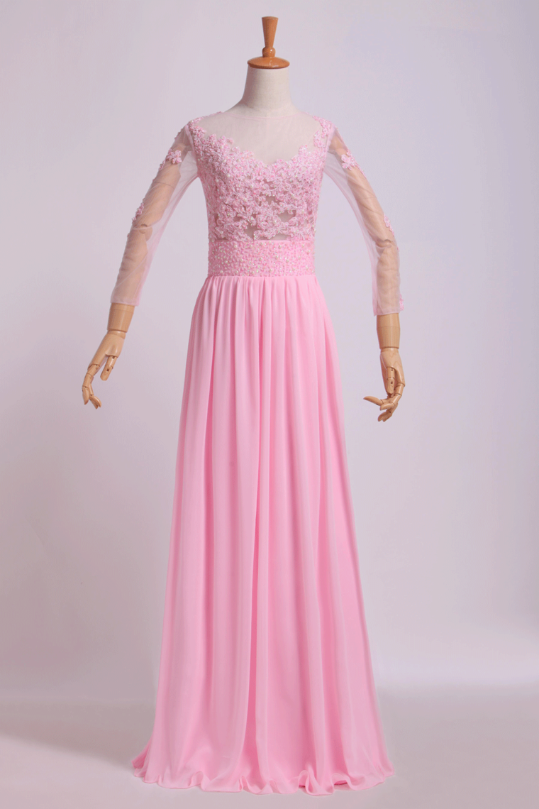 2022 Mid-Length SleeveScoop Prom Dresses  A-Line Floor-Length Chiffon With Applique And Bow-Knot