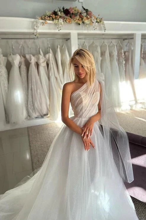 Glitter One Shoulder Bowknot Tulle Wedding Dress Bridal Gowns With Train