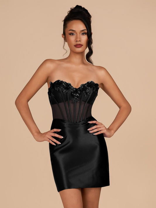 Indie | Black - Bodycon Sequined Flowers Corset Sweetheart Homecoming Dress