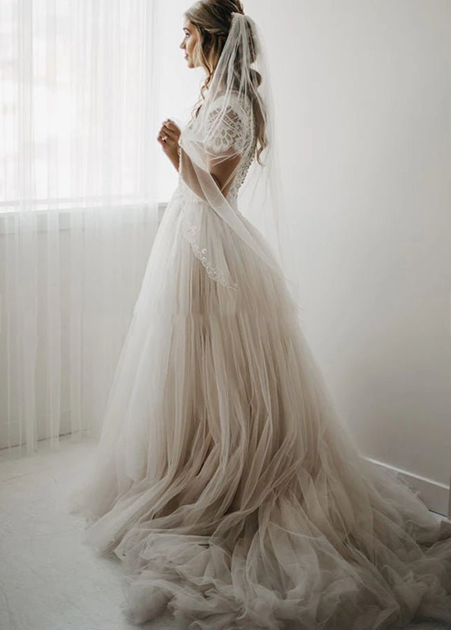 Light Champagne Tulle Lace A-Line Short Sleeves  Bohemian Women Wedding Dresses