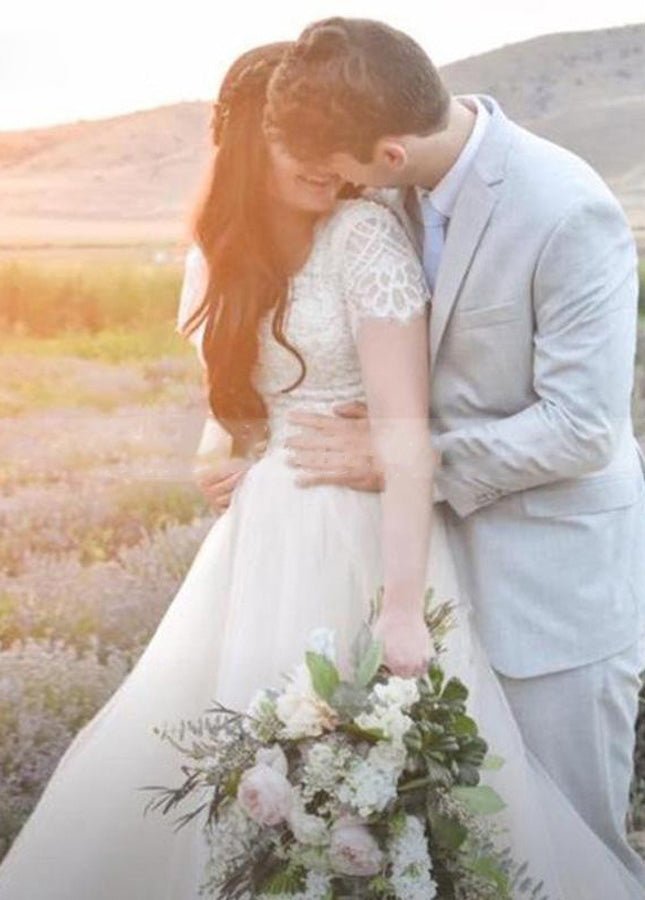 Light Champagne Tulle Lace A-Line Short Sleeves  Bohemian Women Wedding Dresses
