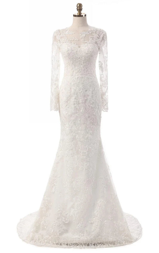 Uri | Mermaid Long Sleeve Lace Dress With Embroideries Illusion