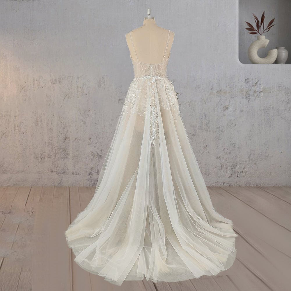 Spaghetti Straps Appliqued Lace Wedding Dress with Feathers