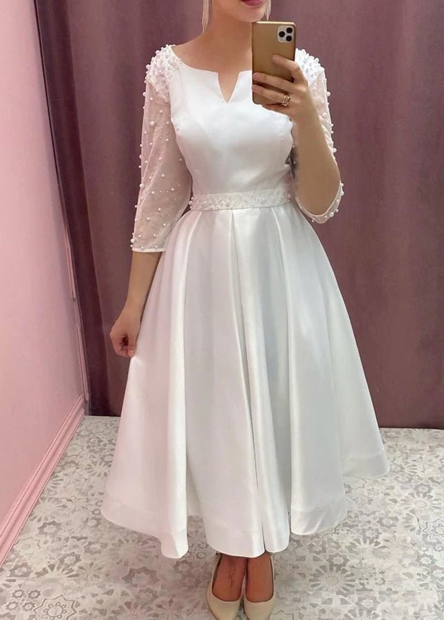Vintage 3/4 Sleeves A-Line Satin Short Wedding Dresses with Sash